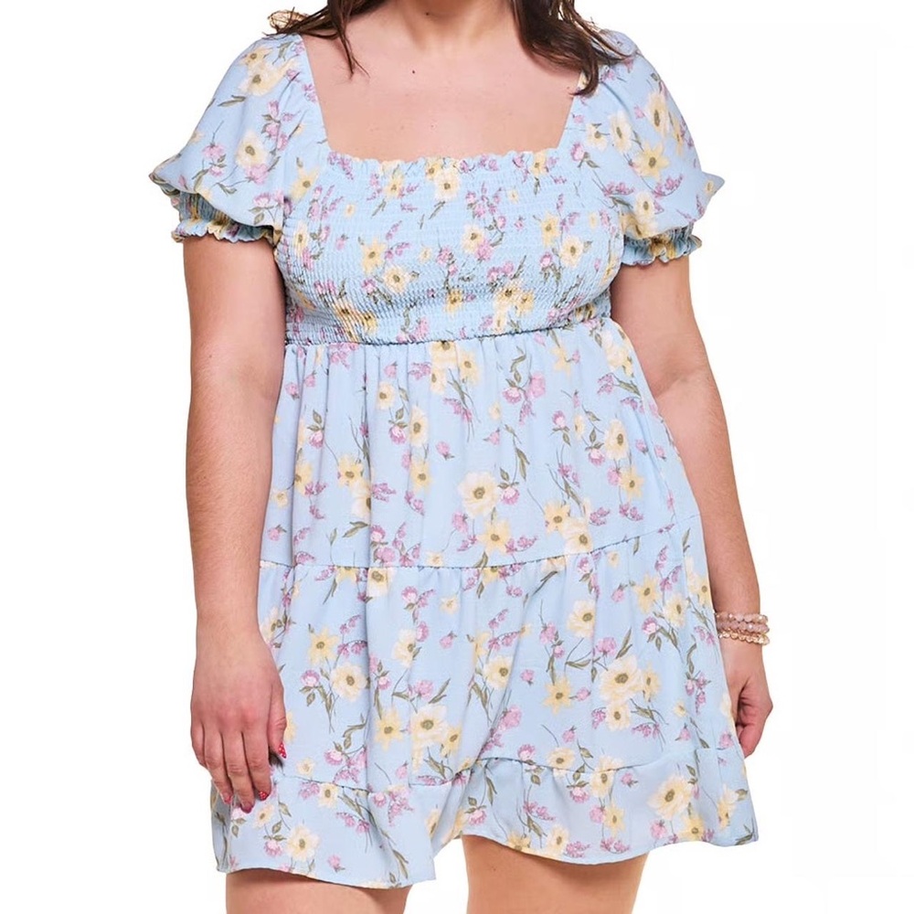 Baby Blue Floral Smocked Tiered Mini Dress